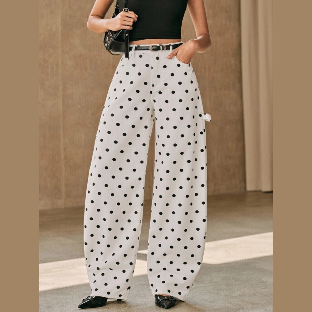 Ivory Polka Dot Denim Wide Leg High Waist Carpenter Barrel Jeans